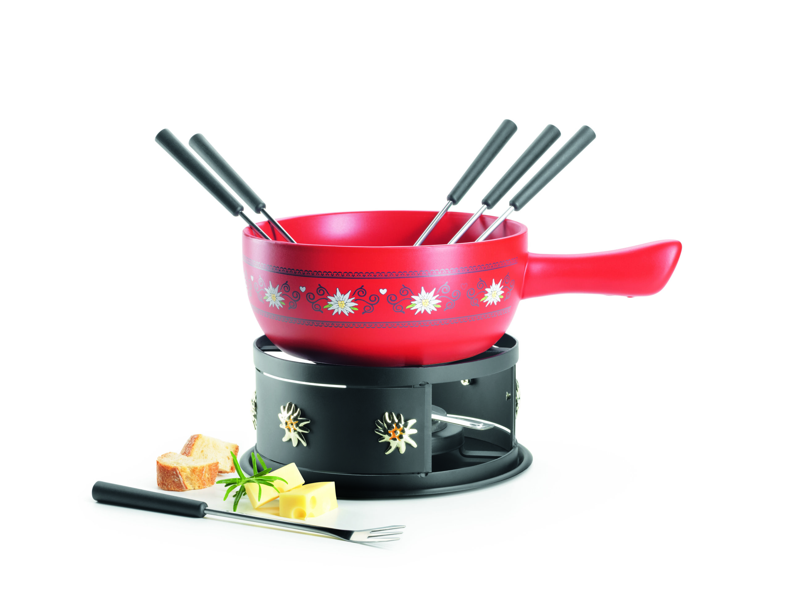 Kaasfondue set van Mäser uit Oostenrijk met edelweiss