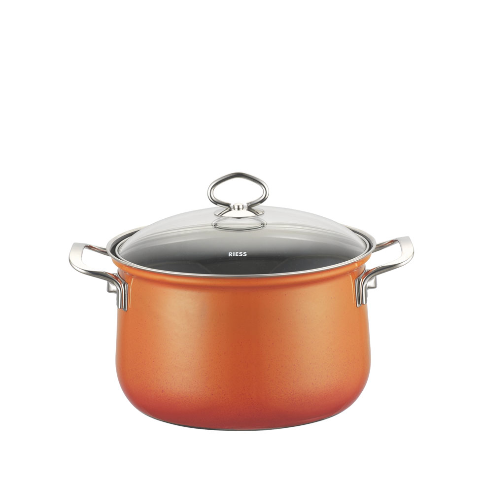 Riess - Pan hoog met glazen deksel - koraalrood - 16 cm - 1,5 ltr