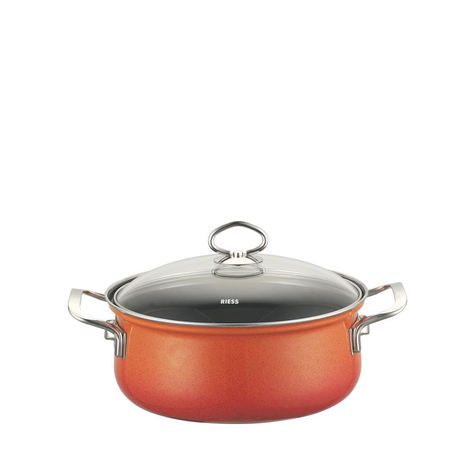 Riess - Pan laag met glazen deksel - koraalrood - 16 cm - 1,0 ltr