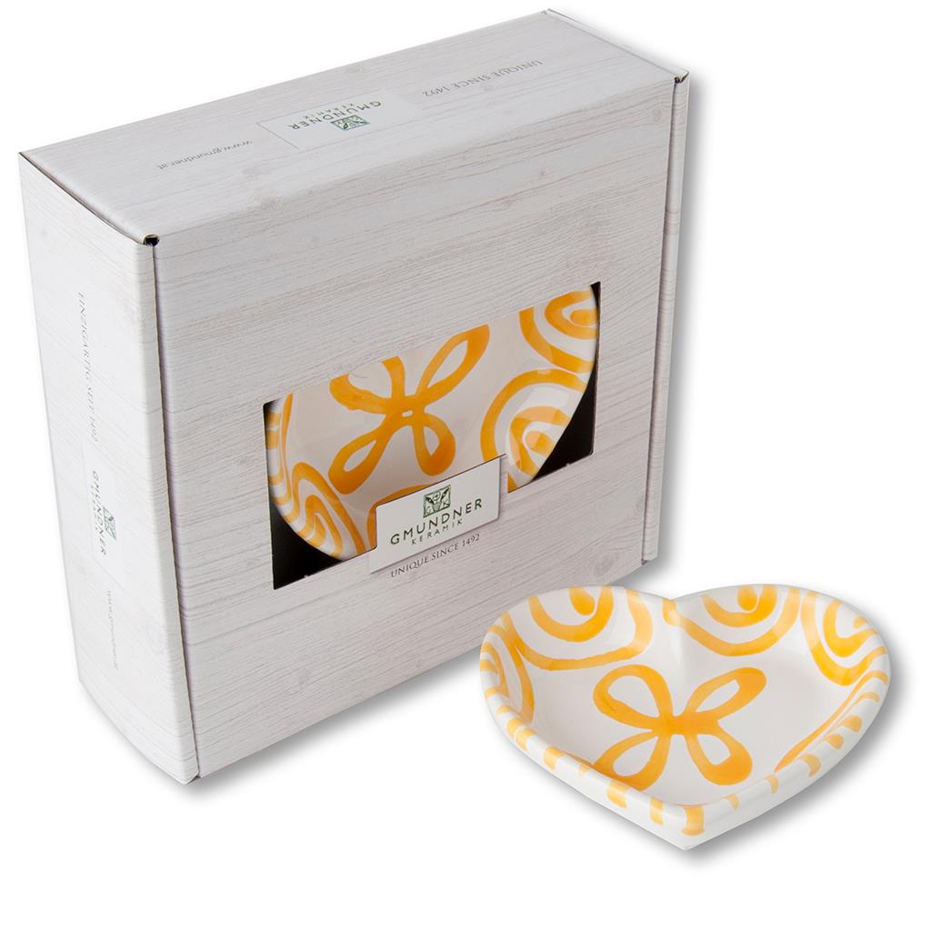 Schaaltje hart - Gevlamd geel - 10 cm - cadeauverpakking