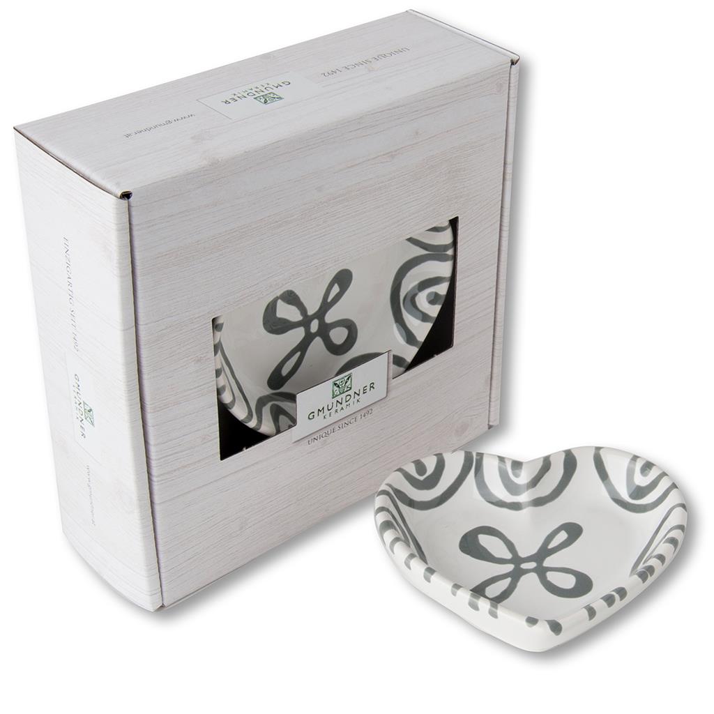 Schaaltje hart - Gevlamd grijs - 10 cm - cadeauverpakking